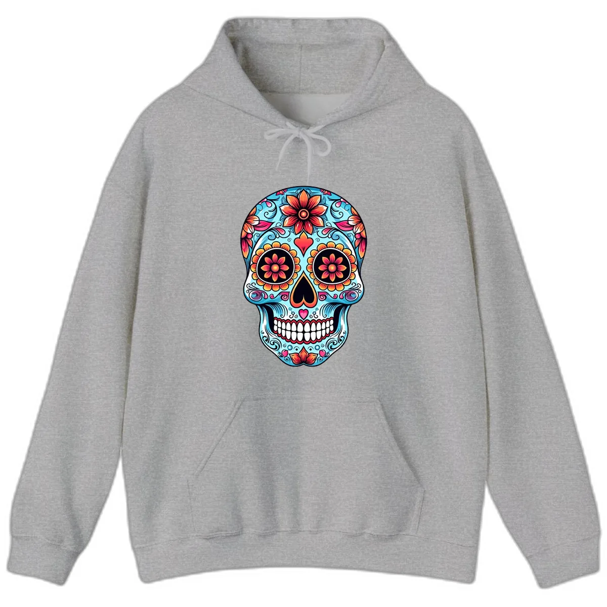 Vibrant Floral Calavera Sugar Skull Illustration Hoodie in Sport Grey