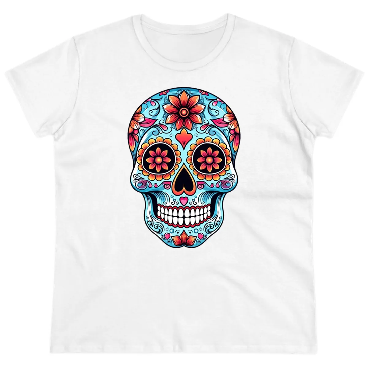 Vibrant Floral Calavera Sugar Skull Illustration Ladies Tee in White
