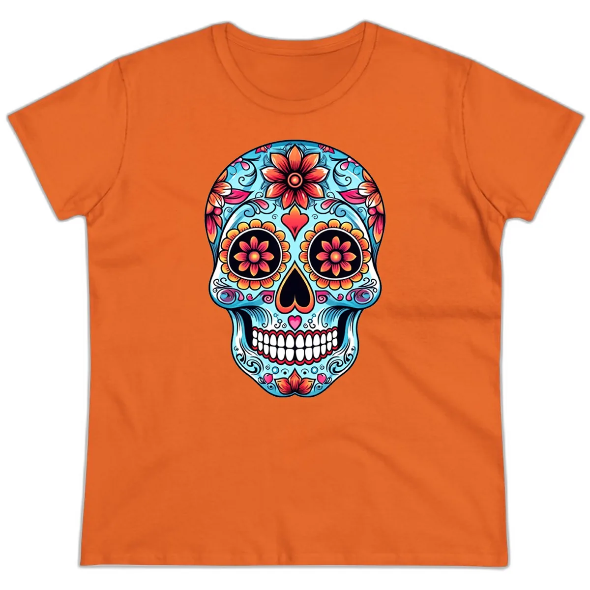 Vibrant Floral Calavera Sugar Skull Illustration Ladies Tee in Orange