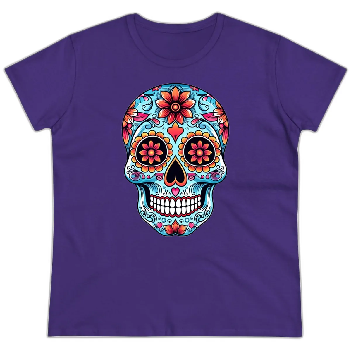 Vibrant Floral Calavera Sugar Skull Illustration Ladies Tee in Purple