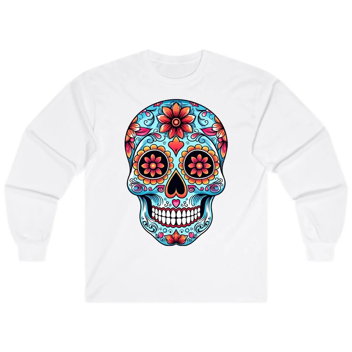 Vibrant Floral Calavera Sugar Skull Illustration Long Sleeve in White