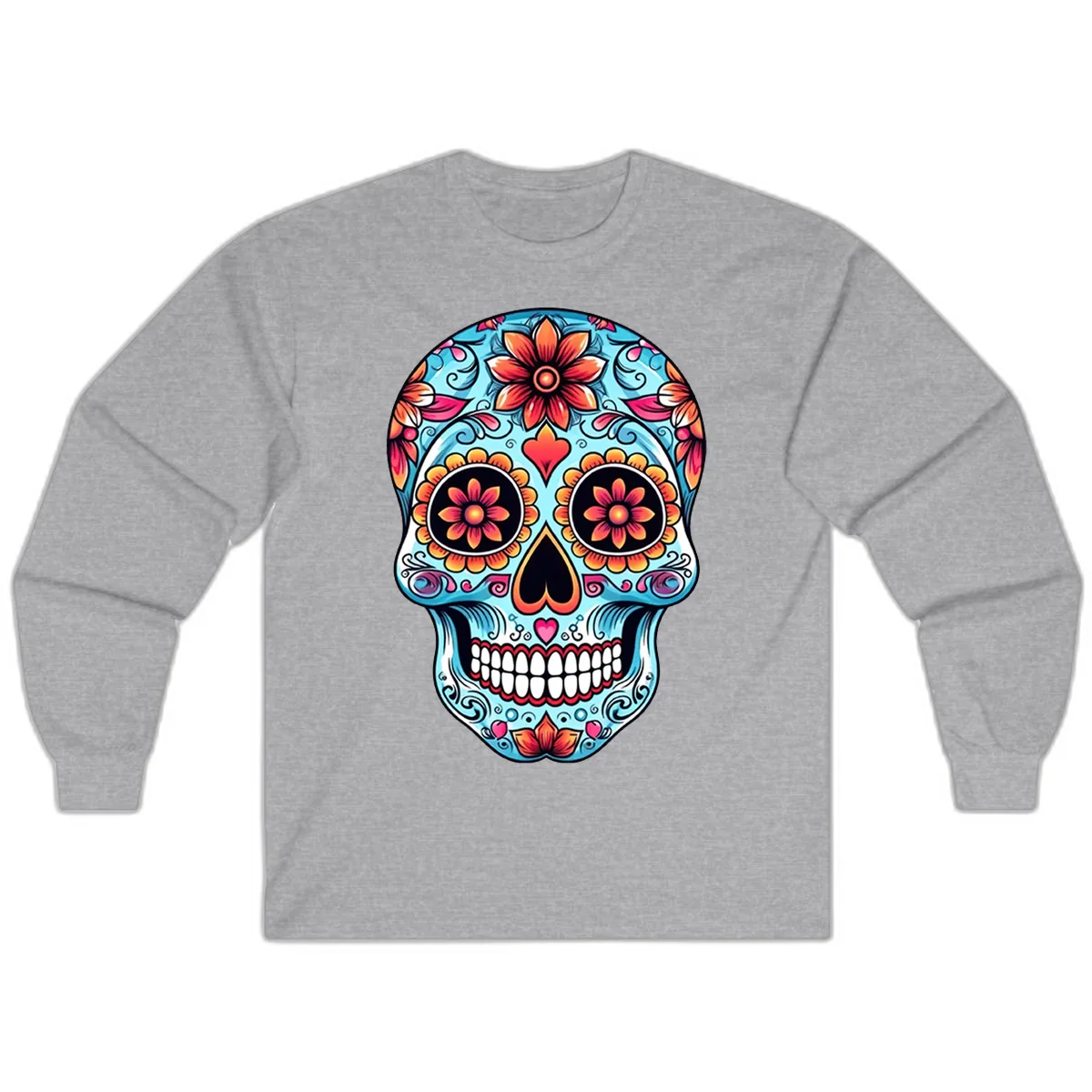 Vibrant Floral Calavera Sugar Skull Illustration Long Sleeve in Sport Grey