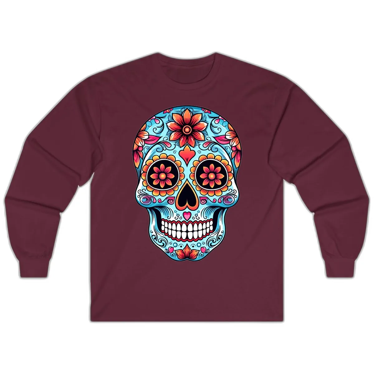 Vibrant Floral Calavera Sugar Skull Illustration Long Sleeve in Maroon