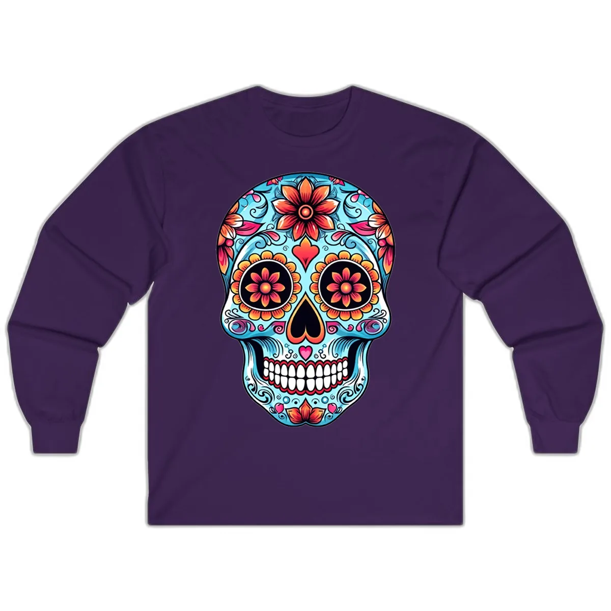 Vibrant Floral Calavera Sugar Skull Illustration Long Sleeve in Purple