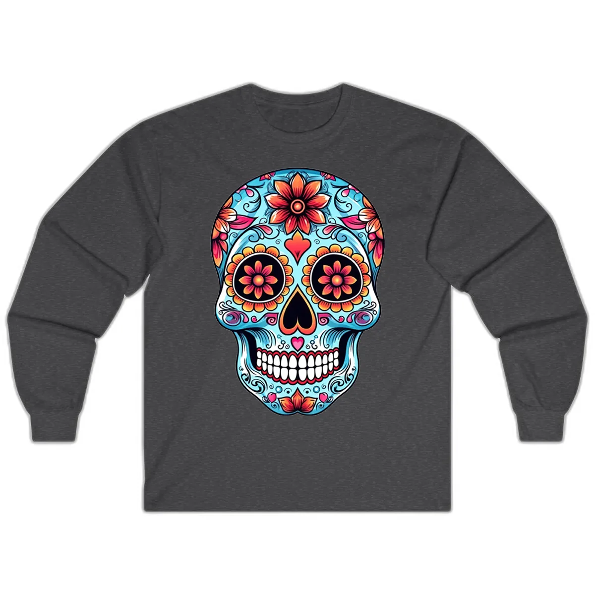 Vibrant Floral Calavera Sugar Skull Illustration Long Sleeve in Dark Heather