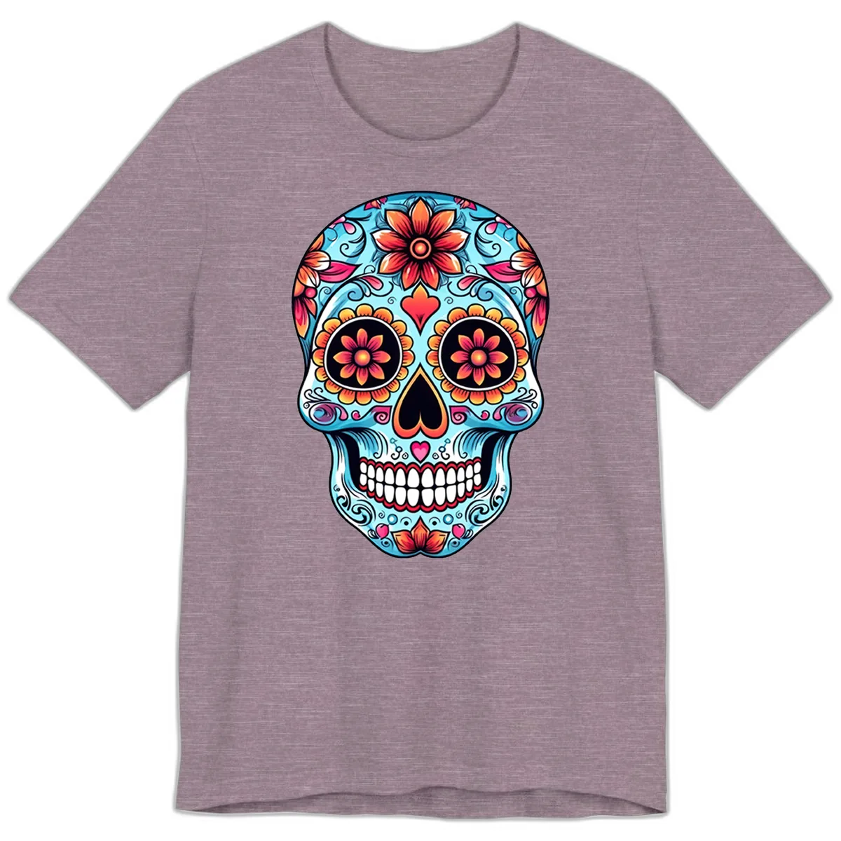 Vibrant Floral Calavera Sugar Skull Illustration Premium T-Shirt in Heather Purple