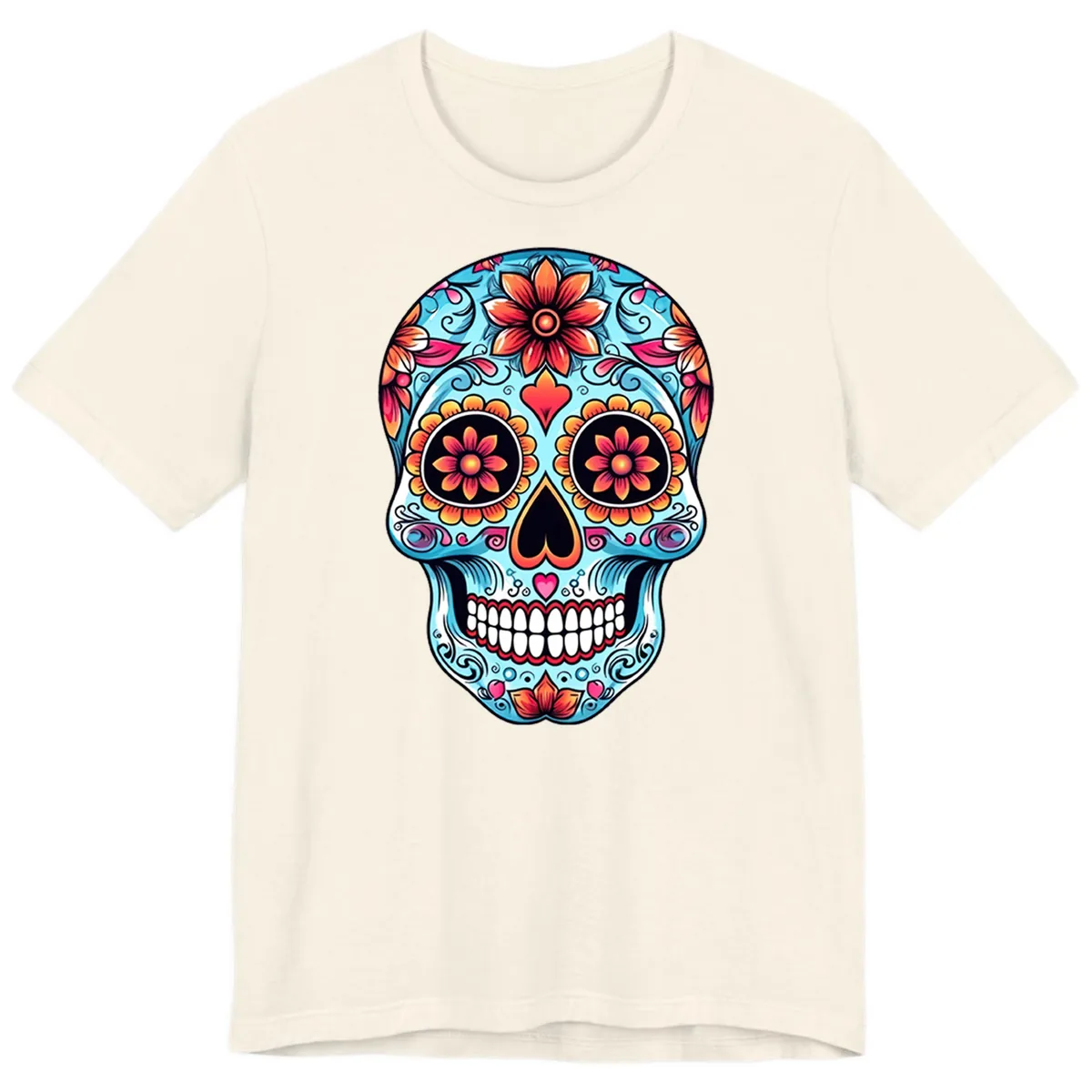 Vibrant Floral Calavera Sugar Skull Illustration Premium T-Shirt in Natural
