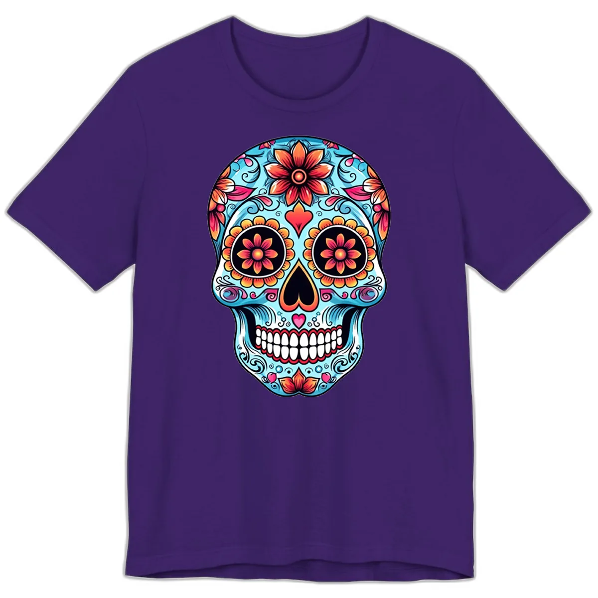 Vibrant Floral Calavera Sugar Skull Illustration Premium T-Shirt in Team Purple