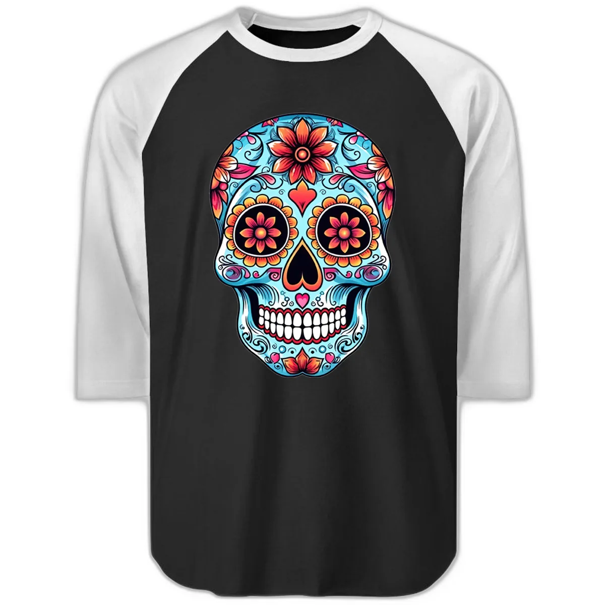 Vibrant Floral Calavera Sugar Skull Illustration Raglan 3/4 in Black White