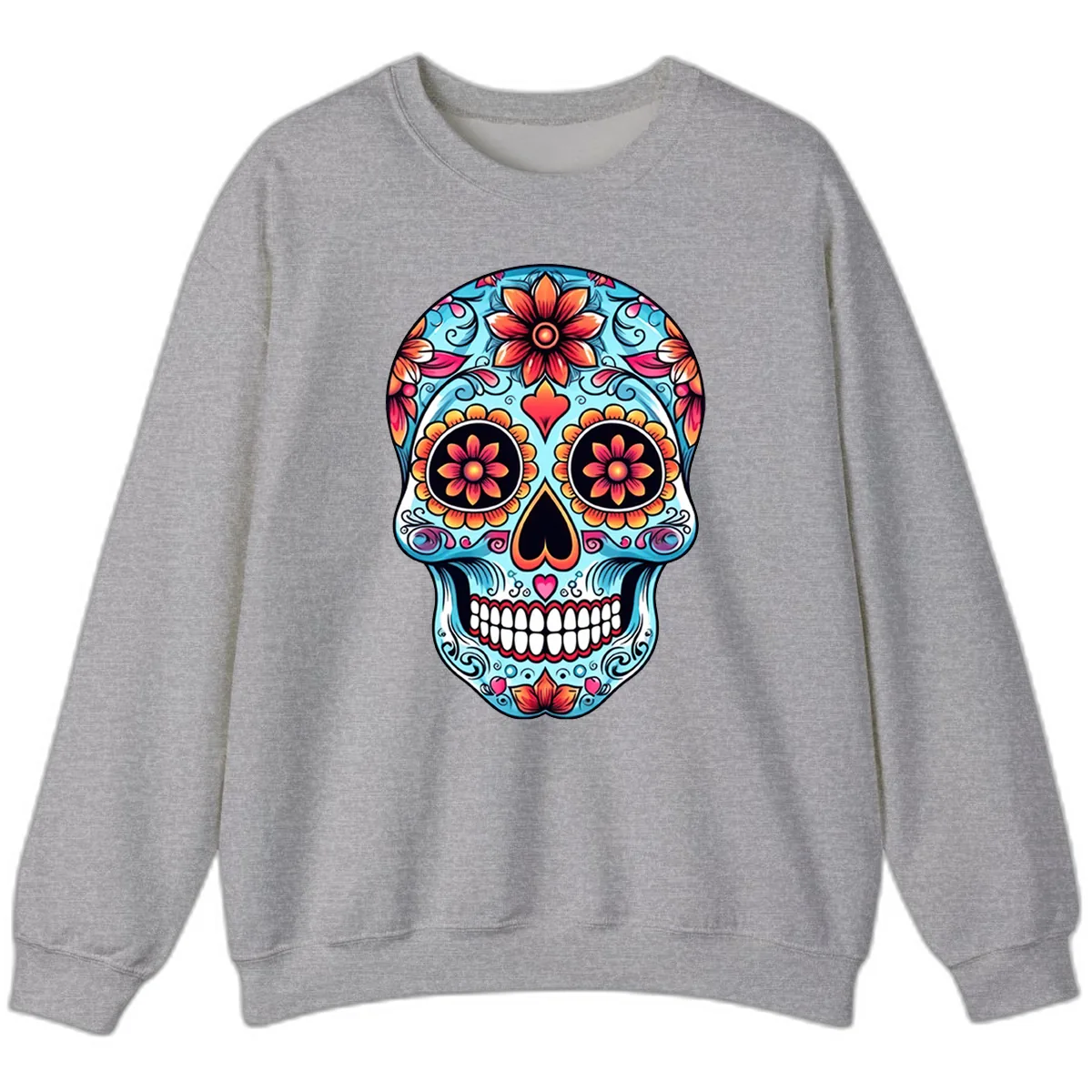 Vibrant Floral Calavera Sugar Skull Illustration Sweatshirt in Sport Grey