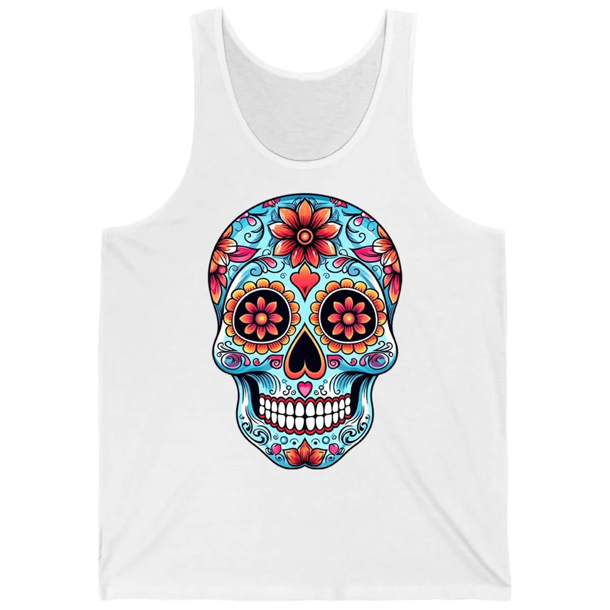 Vibrant Floral Calavera Sugar Skull Illustration Tank in White