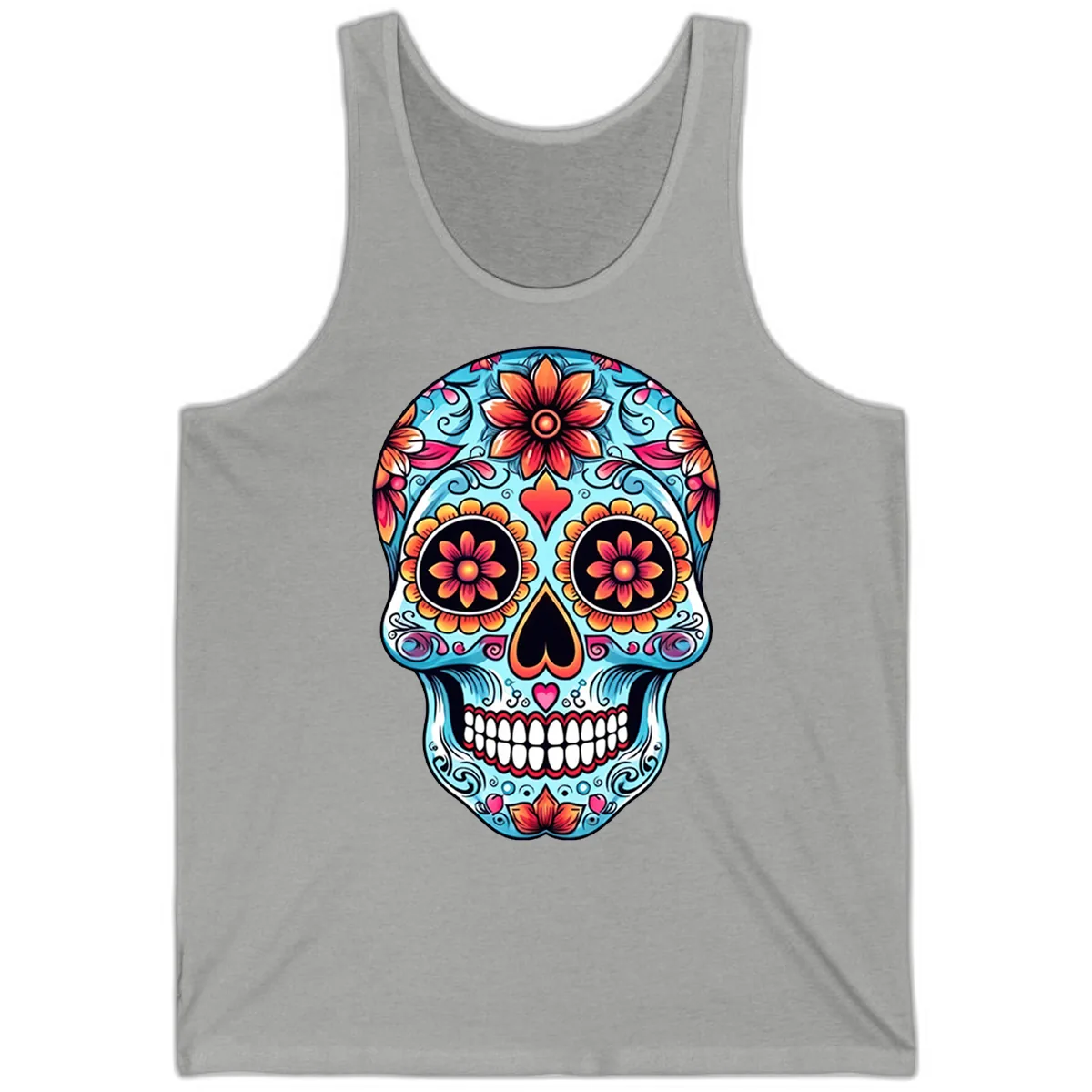 Vibrant Floral Calavera Sugar Skull Illustration Tank in Athletic Heather