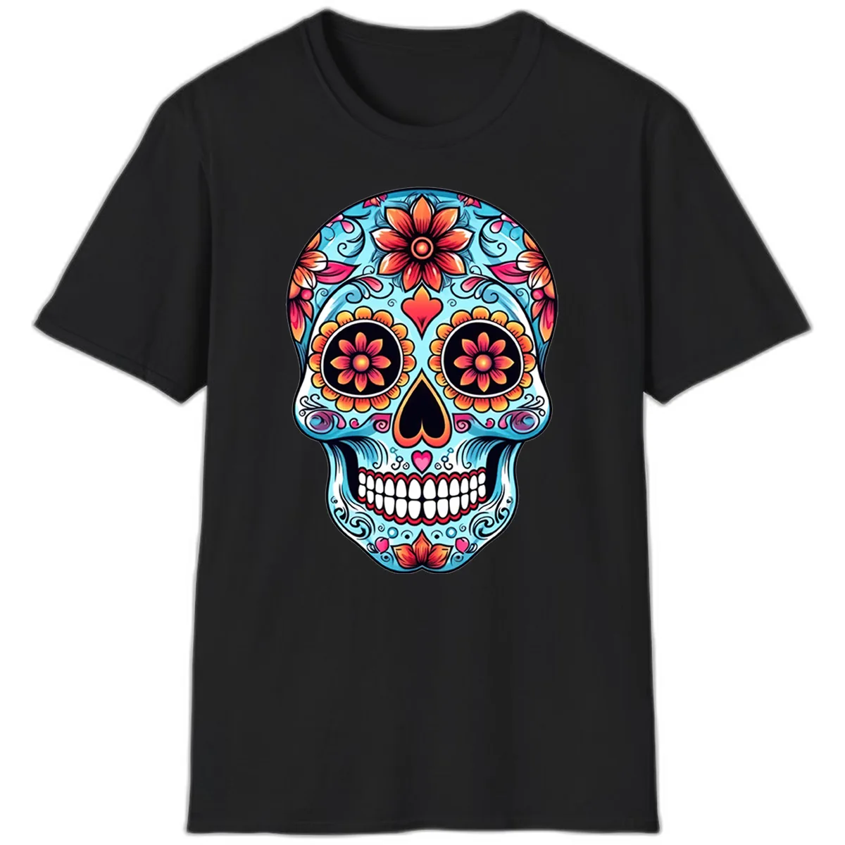 Vibrant Floral Calavera Sugar Skull Illustration T-Shirt in Black