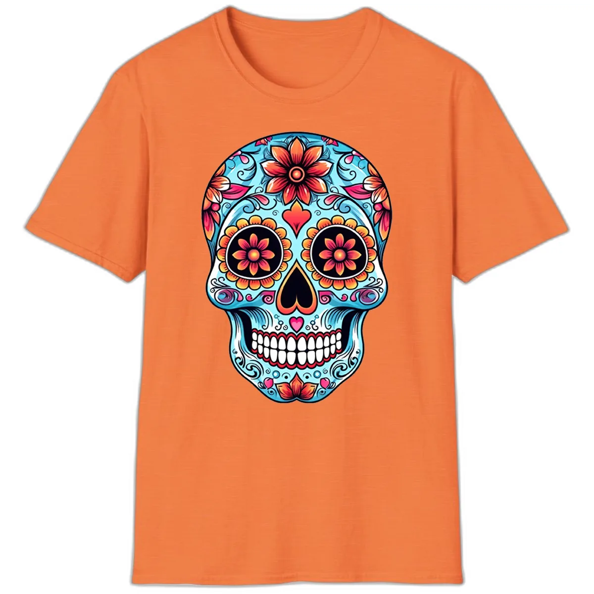 Vibrant Floral Calavera Sugar Skull Illustration T-Shirt in Heather Orange