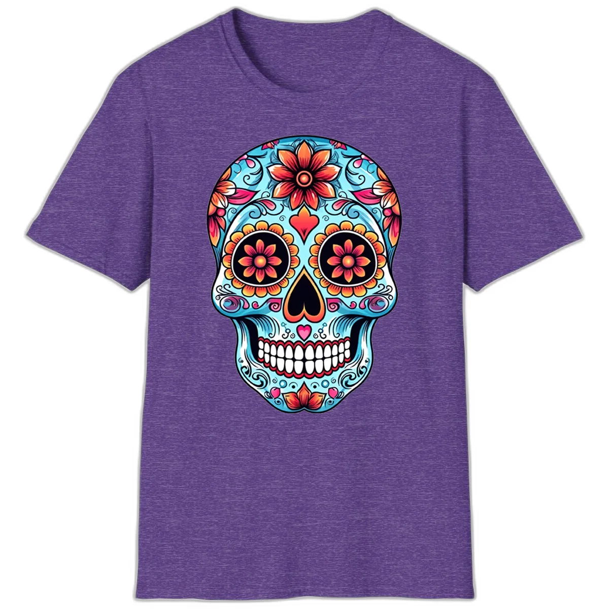 Vibrant Floral Calavera Sugar Skull Illustration T-Shirt in Heather Purple