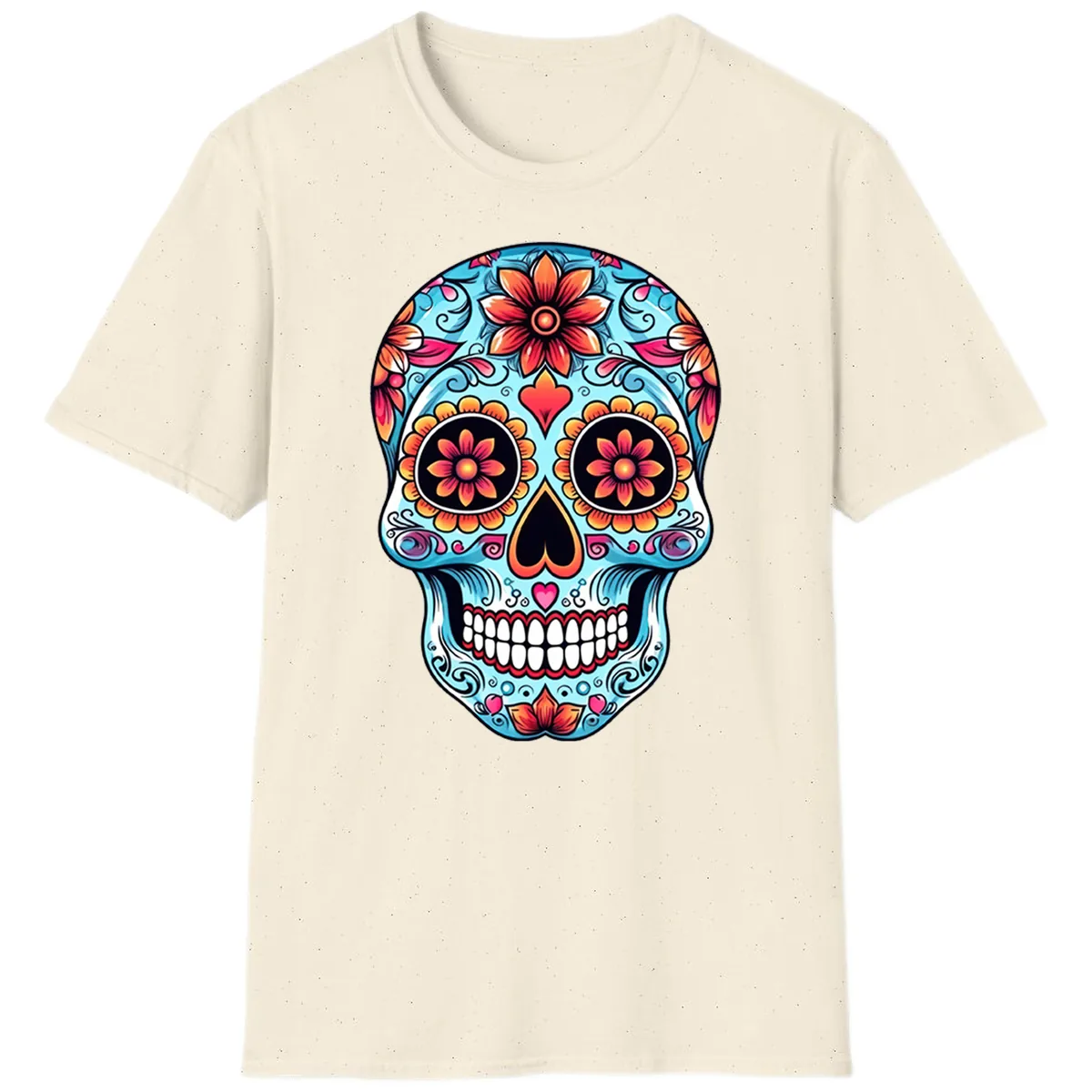 Vibrant Floral Calavera Sugar Skull Illustration T-Shirt in Natural