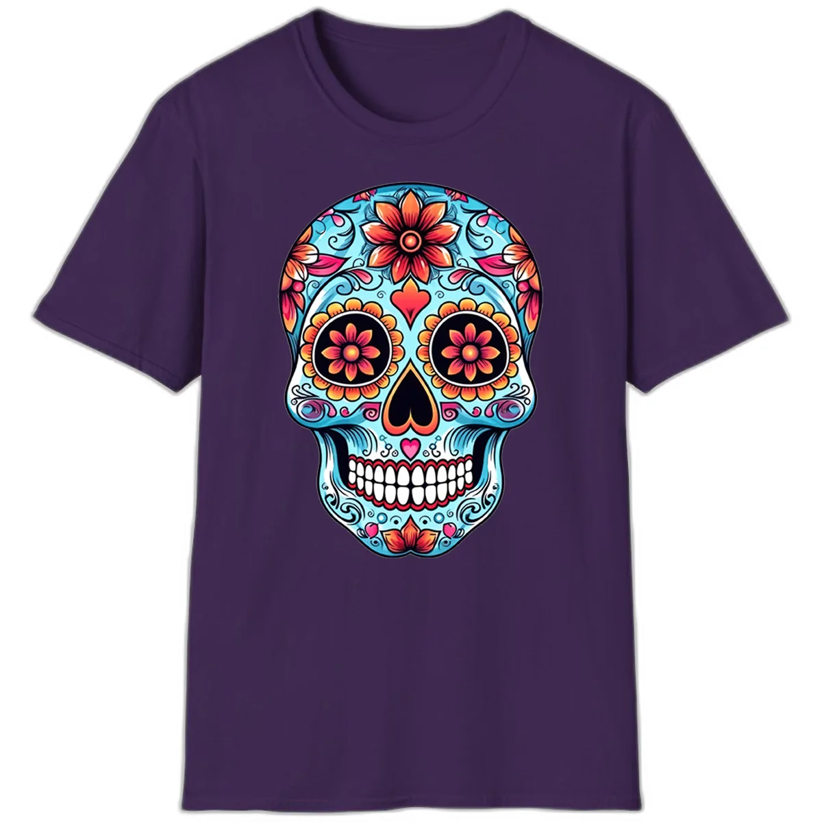 Vibrant Floral Calavera Sugar Skull Illustration T-Shirt in Purple