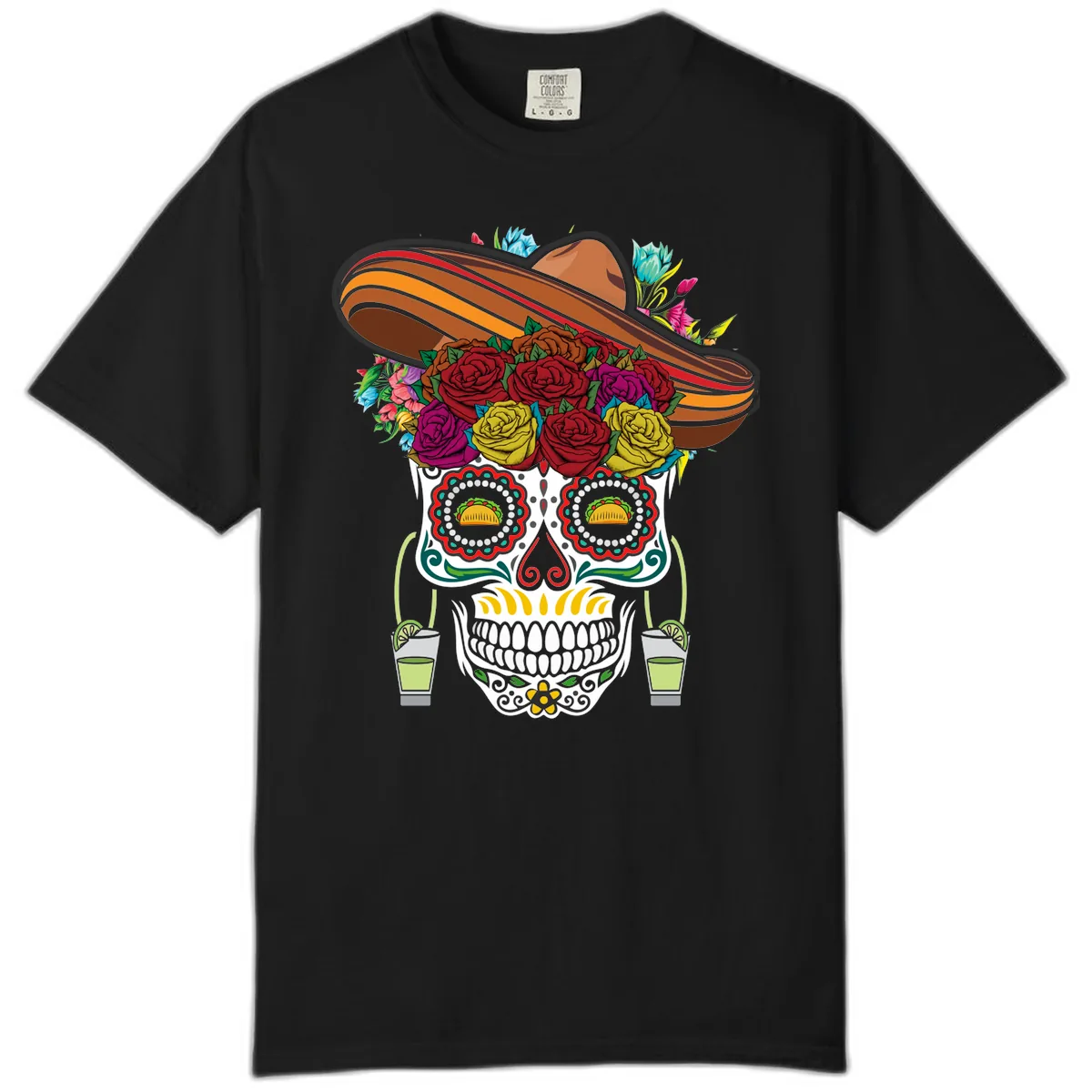 Fiesta Calavera Skull With Sombrero & Tacos Comfort Color in Black