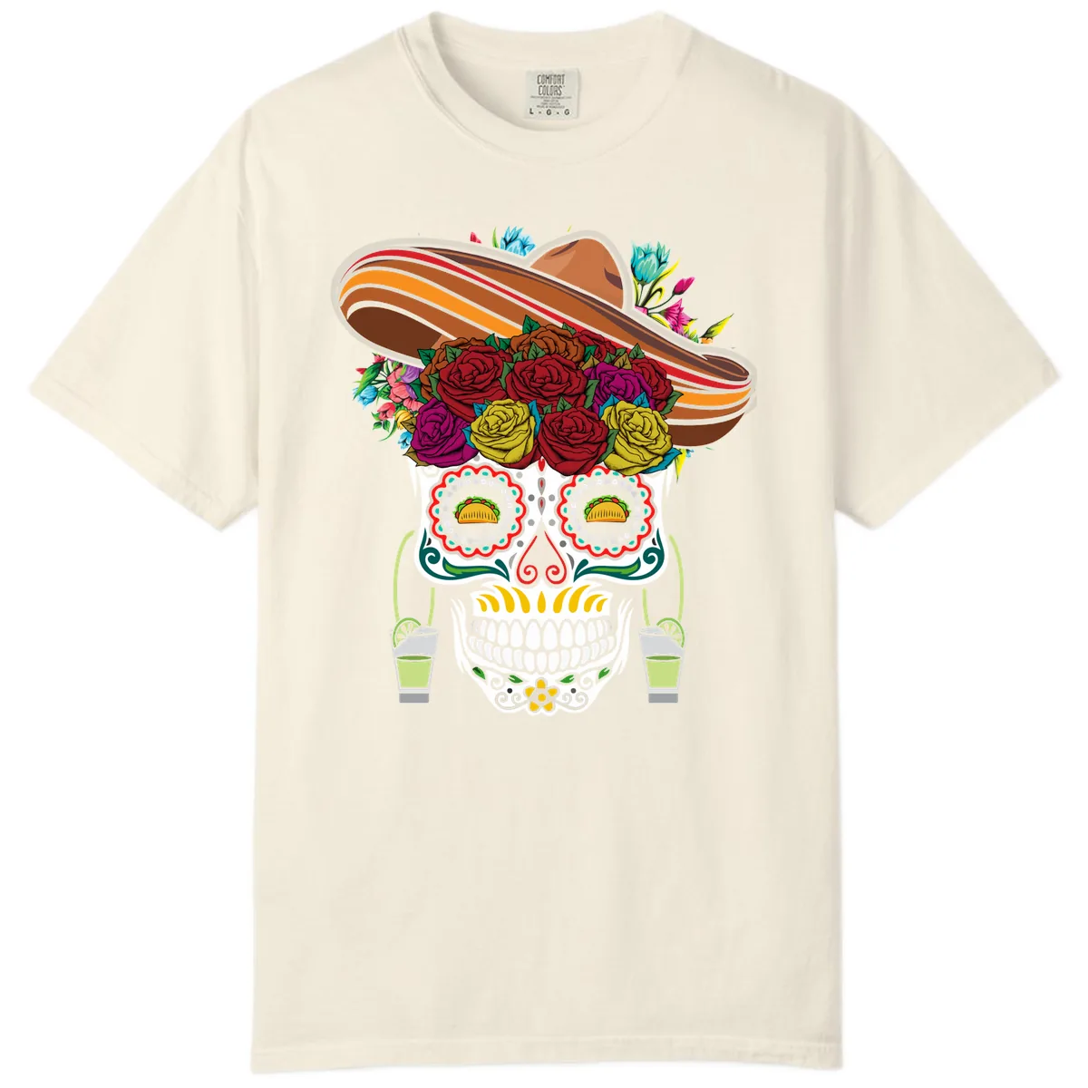 Fiesta Calavera Skull With Sombrero & Tacos Comfort Color in Ivory