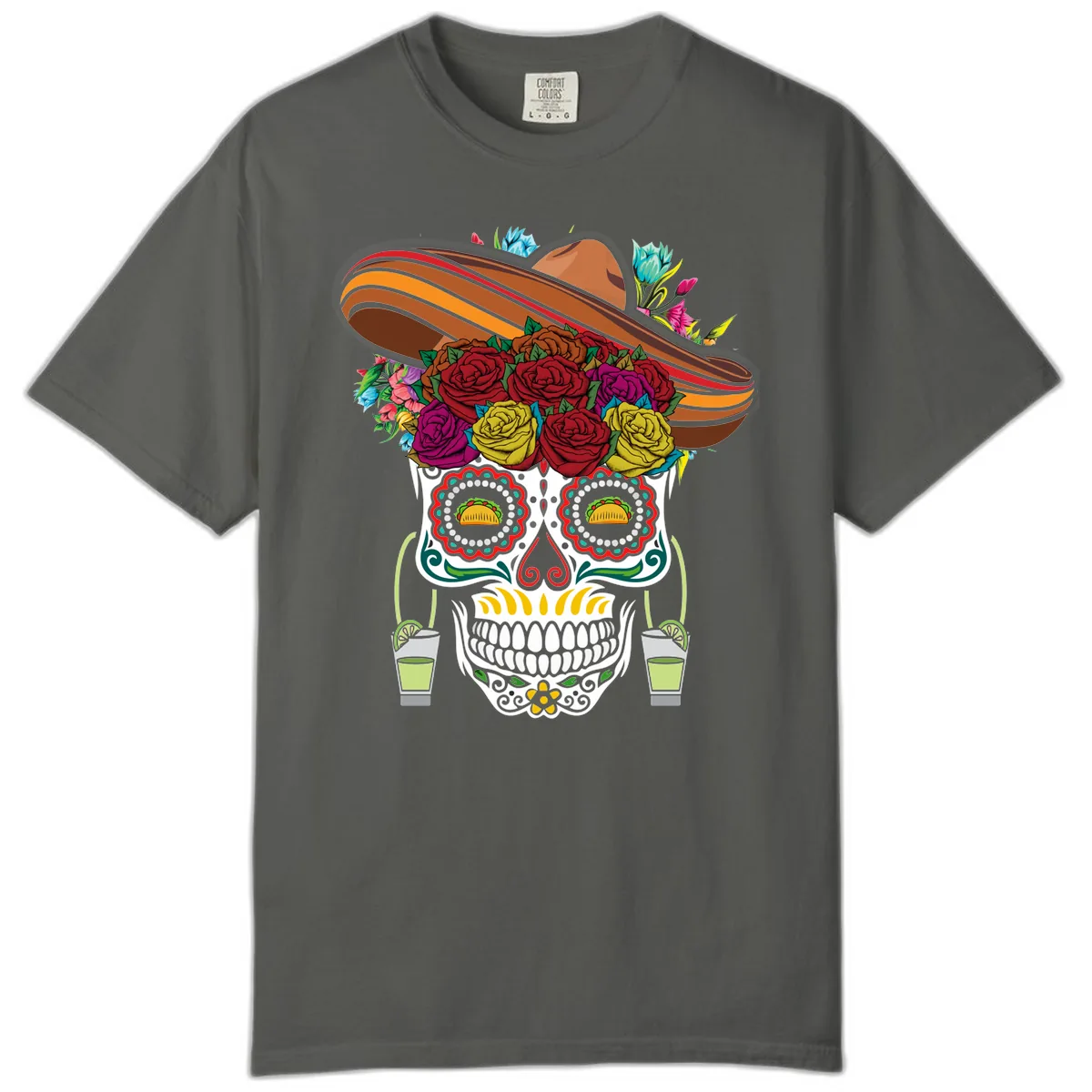 Fiesta Calavera Skull With Sombrero & Tacos Comfort Color in Pepper