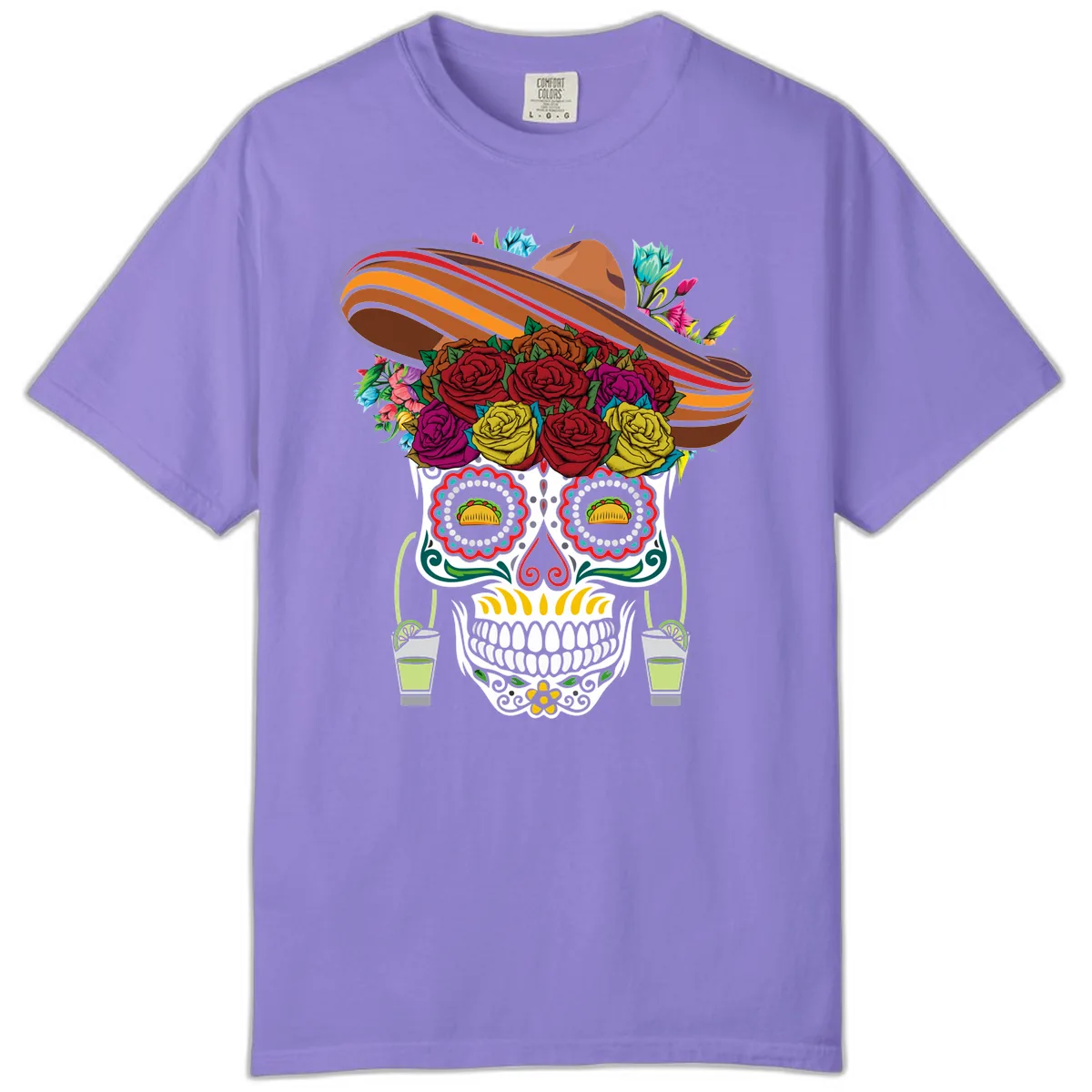 Fiesta Calavera Skull With Sombrero & Tacos Comfort Color in Violet