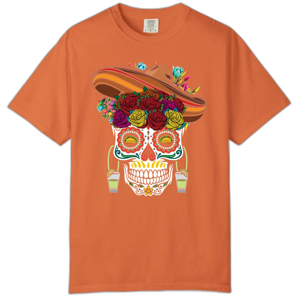 Fiesta Calavera Skull With Sombrero & Tacos Comfort Color in Burnt Orange