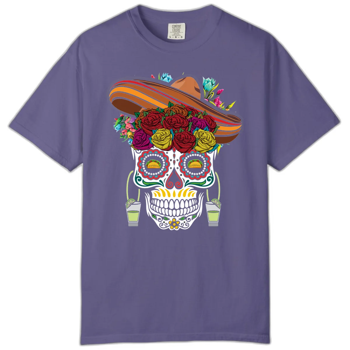 Fiesta Calavera Skull With Sombrero & Tacos Comfort Color in Grape