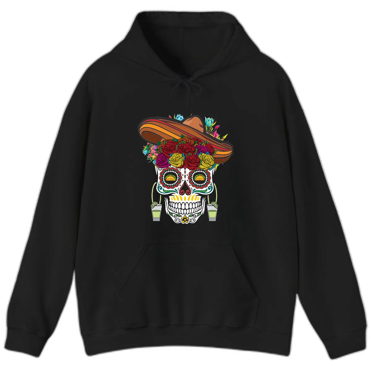 Fiesta Calavera Skull With Sombrero & Tacos Hoodie in Black