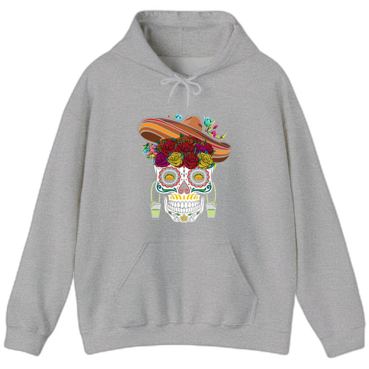 Fiesta Calavera Skull With Sombrero & Tacos Hoodie in Sport Grey