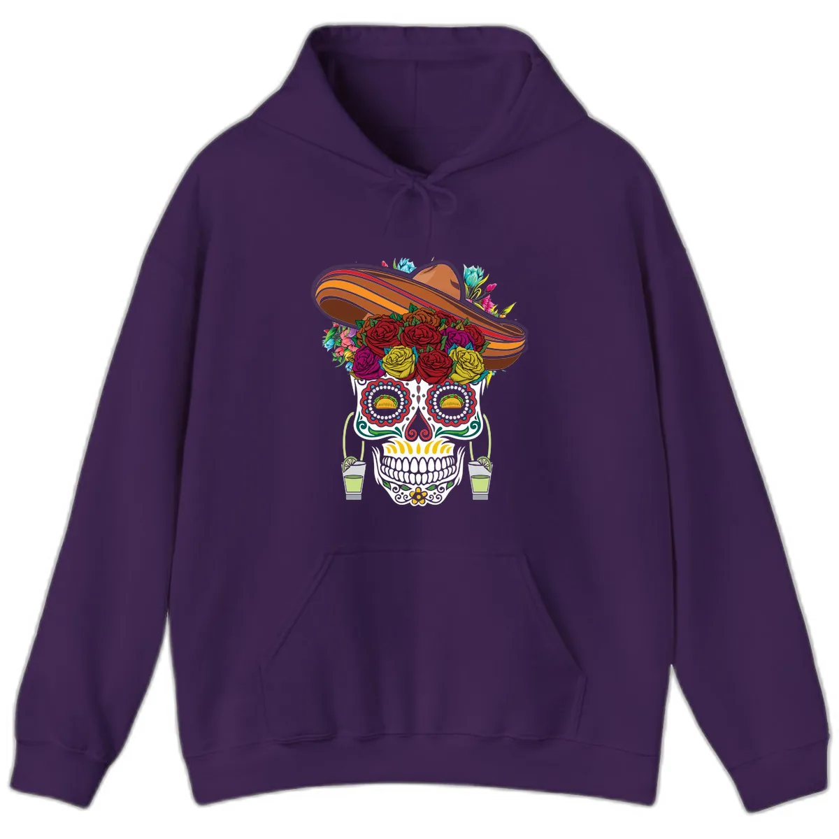 Fiesta Calavera Skull With Sombrero & Tacos Hoodie in Purple