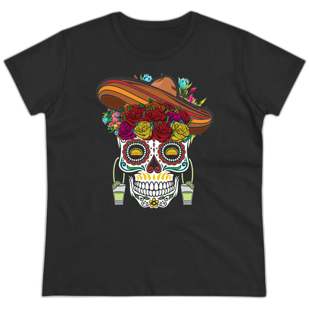 Fiesta Calavera Skull With Sombrero & Tacos Ladies Tee in Black