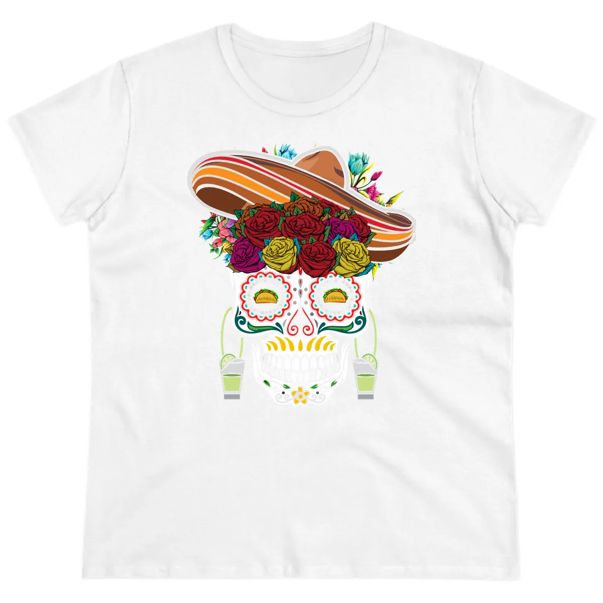Fiesta Calavera Skull With Sombrero & Tacos Ladies Tee in White