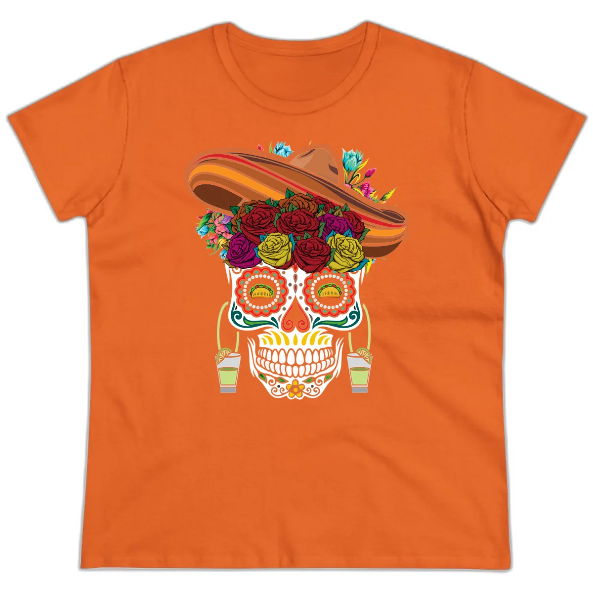 Fiesta Calavera Skull With Sombrero & Tacos Ladies Tee in Orange