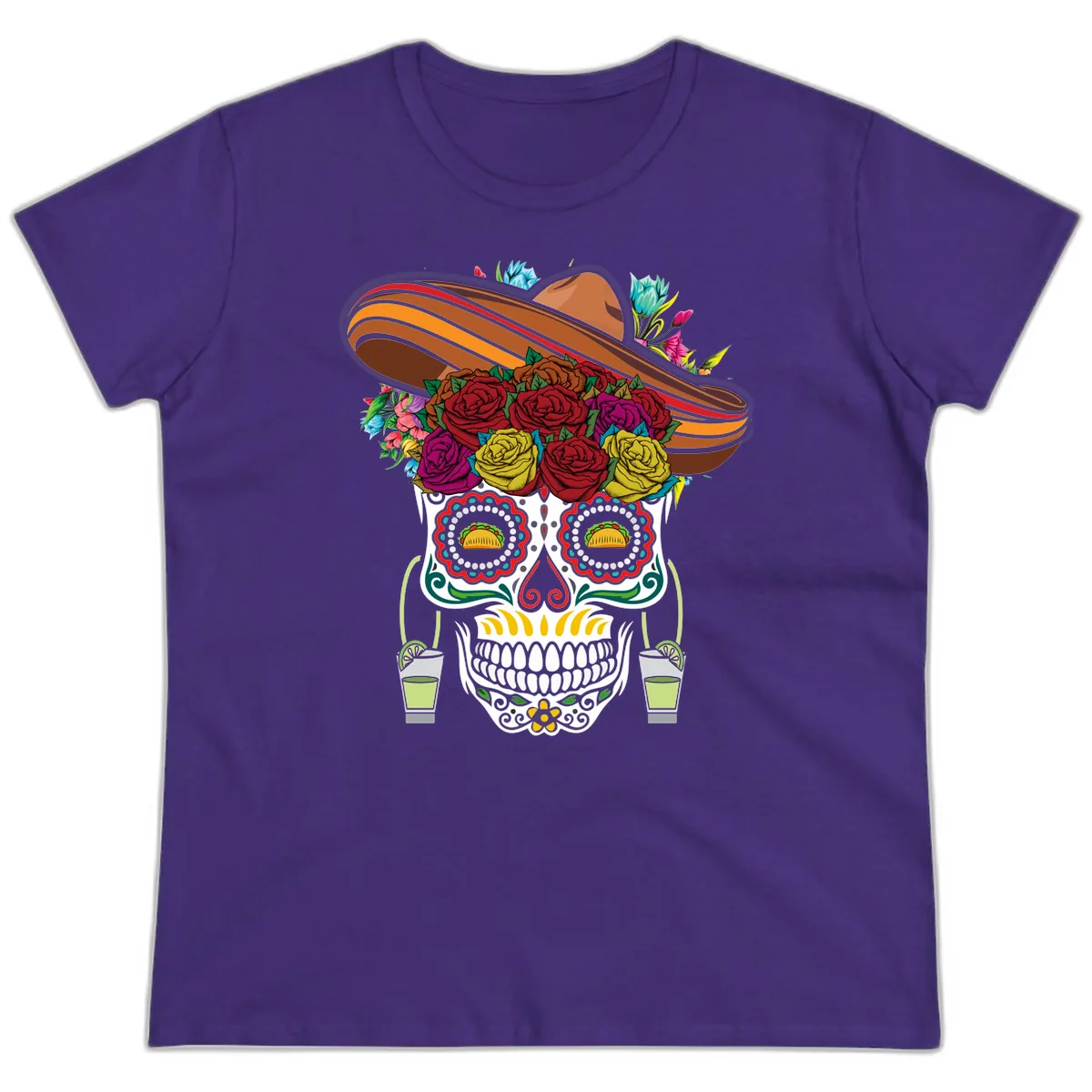Fiesta Calavera Skull With Sombrero & Tacos Ladies Tee in Purple