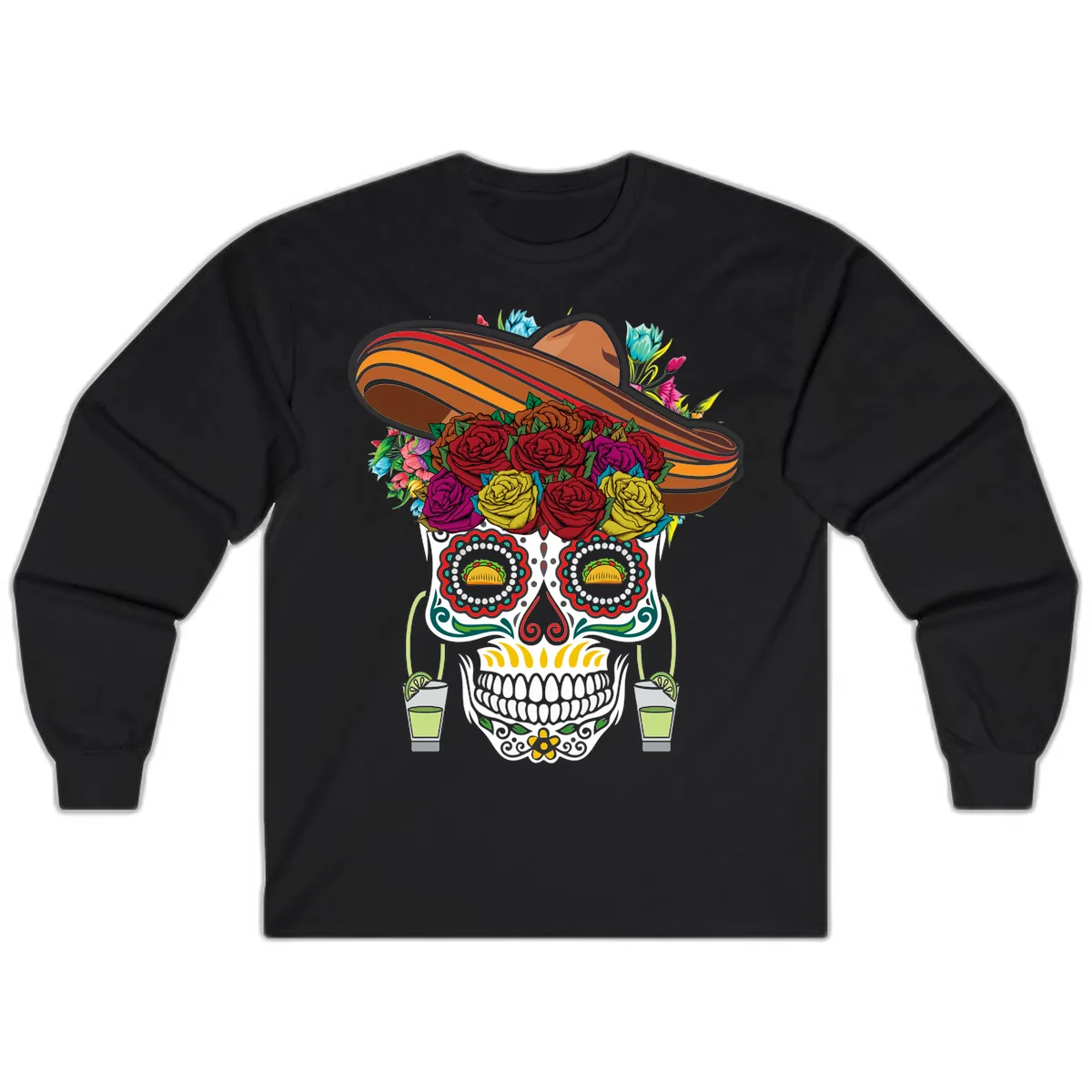 Fiesta Calavera Skull With Sombrero & Tacos Long Sleeve in Black