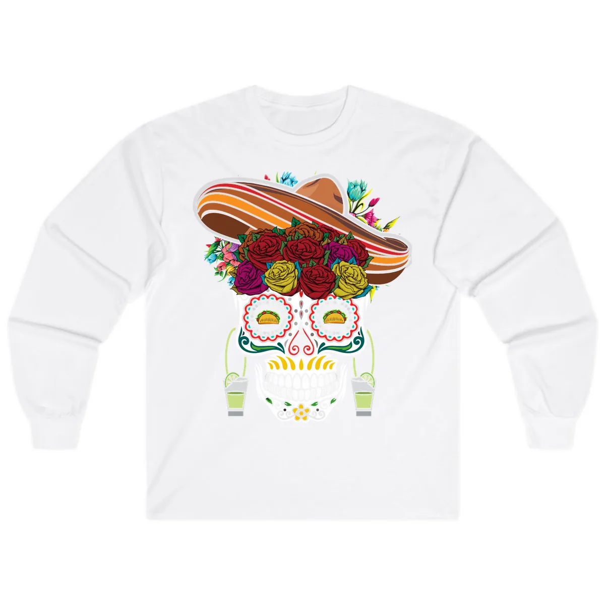 Fiesta Calavera Skull With Sombrero & Tacos Long Sleeve in White