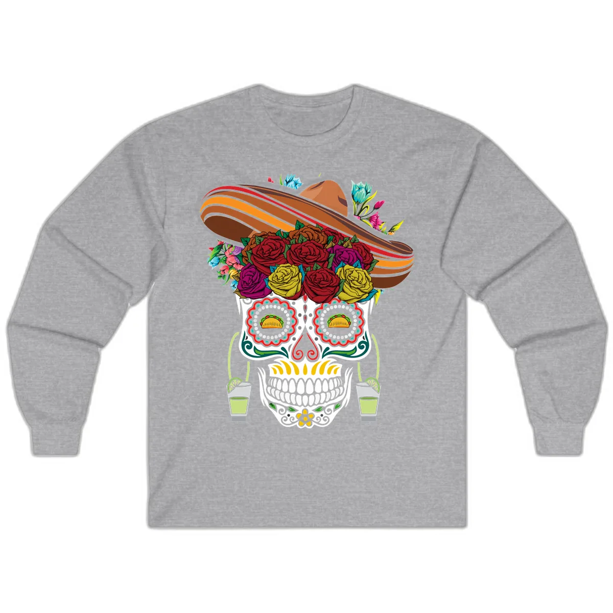Fiesta Calavera Skull With Sombrero & Tacos Long Sleeve in Sport Grey
