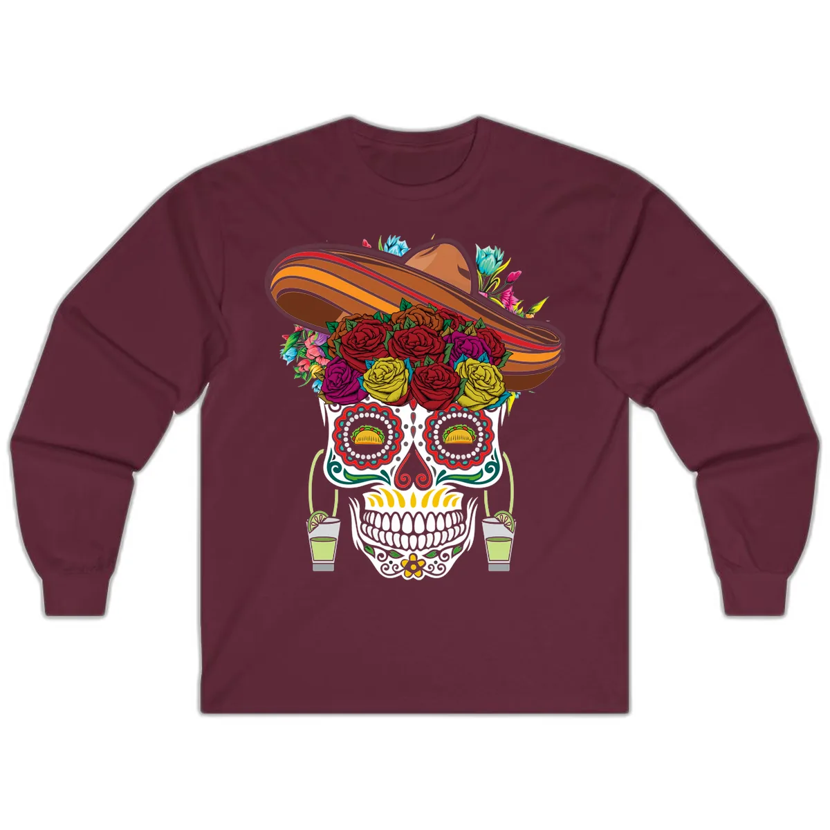 Fiesta Calavera Skull With Sombrero & Tacos Long Sleeve in Maroon