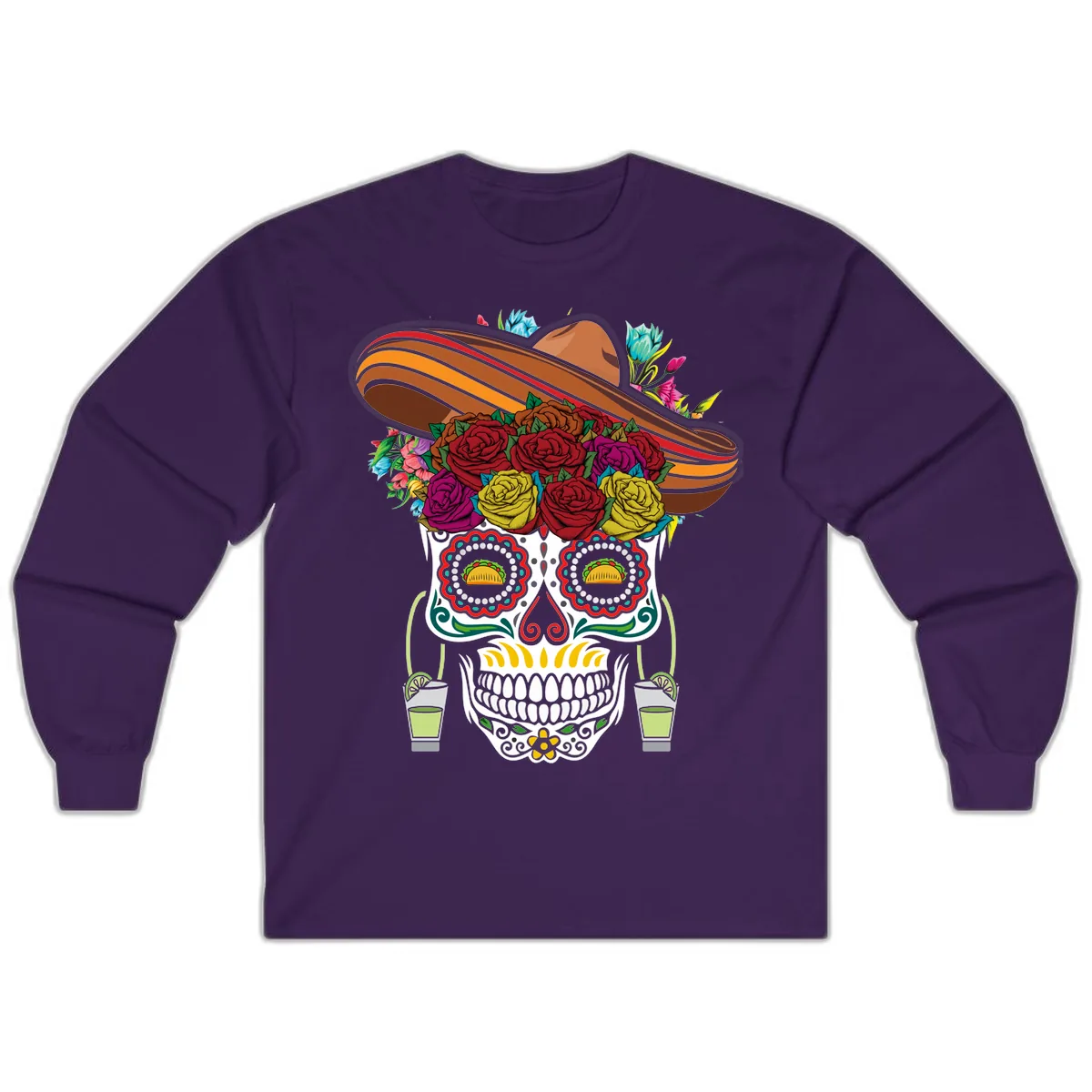 Fiesta Calavera Skull With Sombrero & Tacos Long Sleeve in Purple