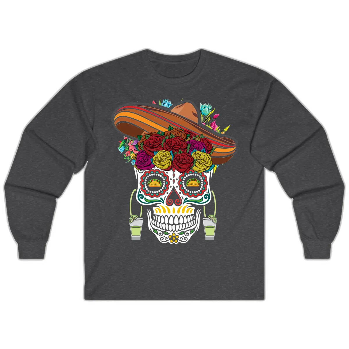 Fiesta Calavera Skull With Sombrero & Tacos Long Sleeve in Dark Heather