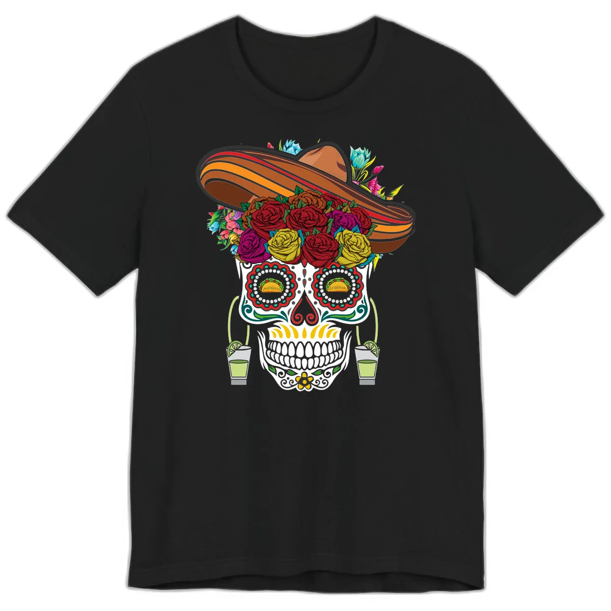 Fiesta Calavera Skull With Sombrero & Tacos Premium T-Shirt in Black