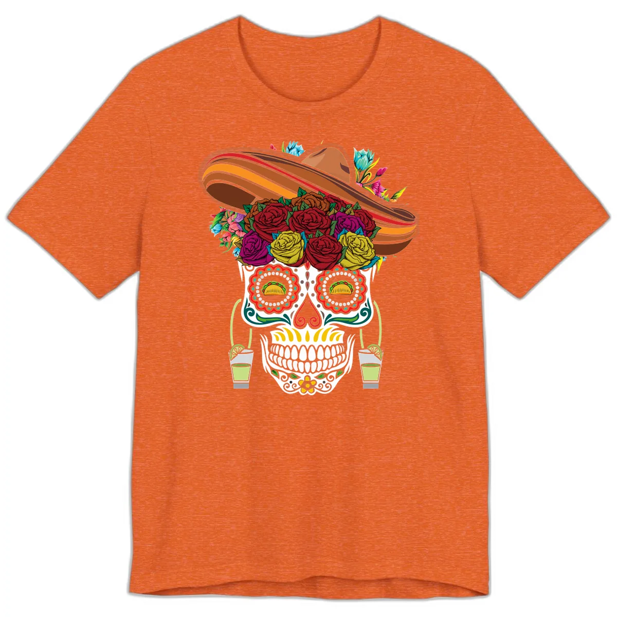 Fiesta Calavera Skull With Sombrero & Tacos Premium T-Shirt in Heather Orange