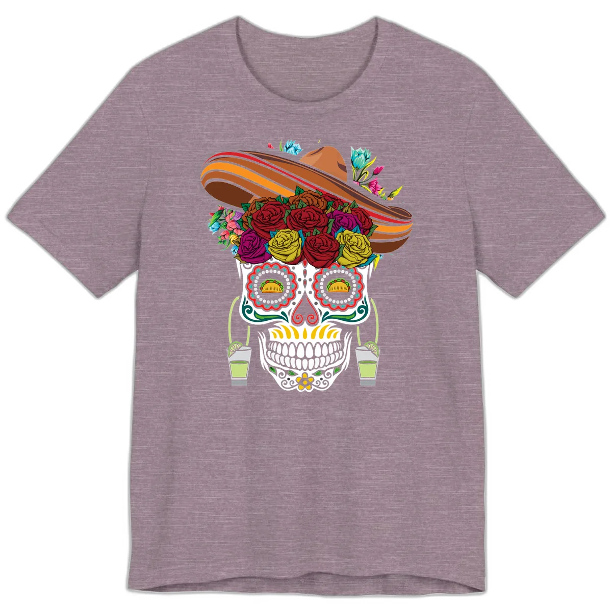 Fiesta Calavera Skull With Sombrero & Tacos Premium T-Shirt in Heather Purple