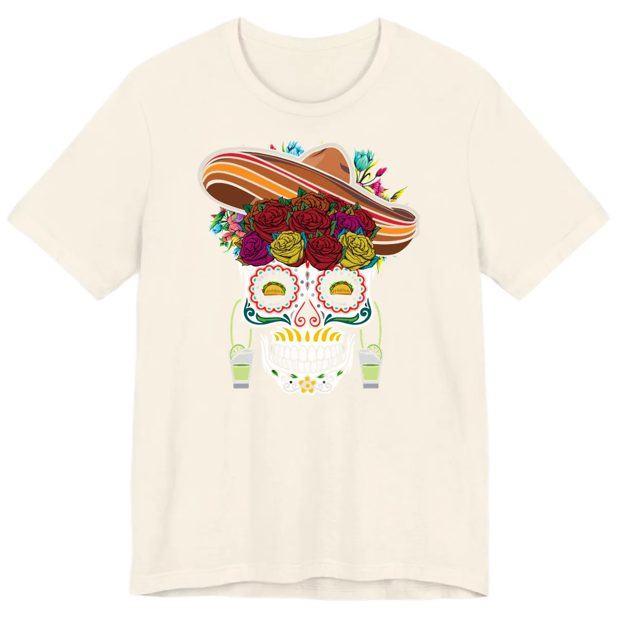 Fiesta Calavera Skull With Sombrero & Tacos Premium T-Shirt in Natural