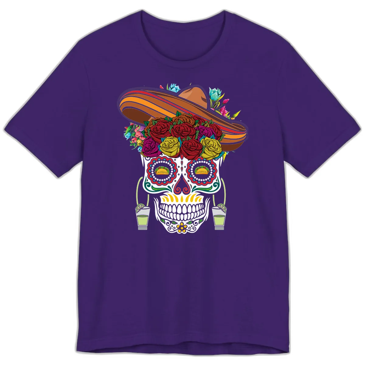 Fiesta Calavera Skull With Sombrero & Tacos Premium T-Shirt in Team Purple