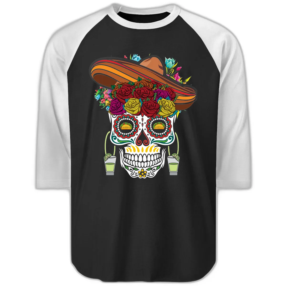 Fiesta Calavera Skull With Sombrero & Tacos Raglan 3/4 in Black White