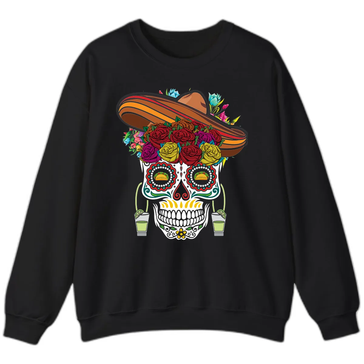 Fiesta Calavera Skull With Sombrero & Tacos Sweatshirt in Black