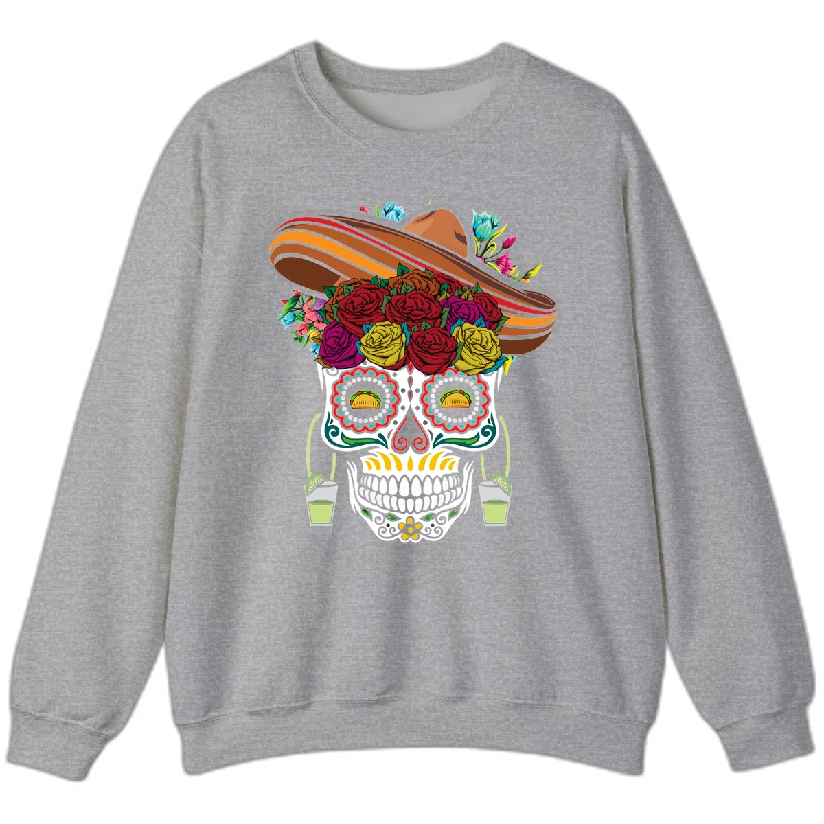 Fiesta Calavera Skull With Sombrero & Tacos Sweatshirt in Sport Grey