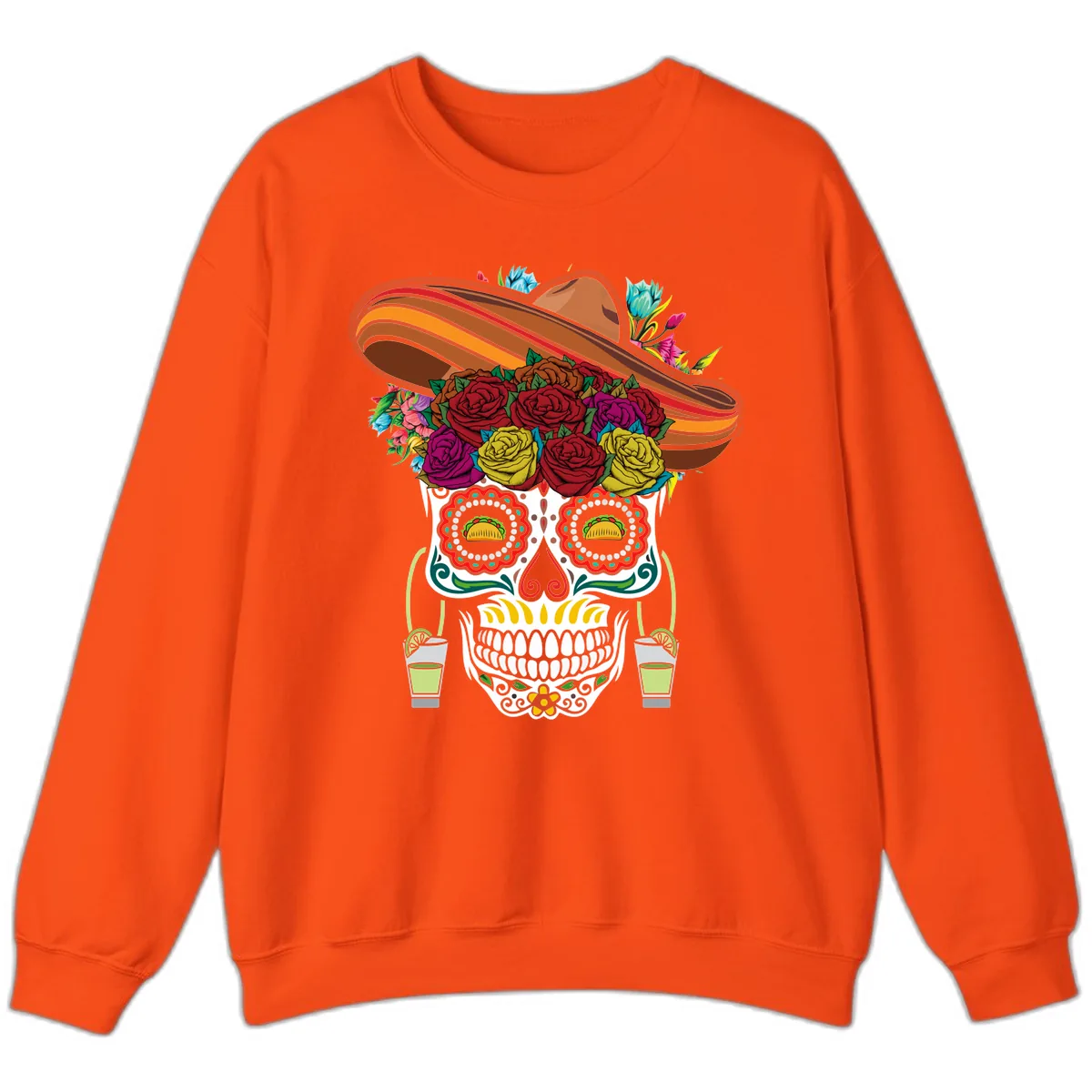 Fiesta Calavera Skull With Sombrero & Tacos Sweatshirt in Orange