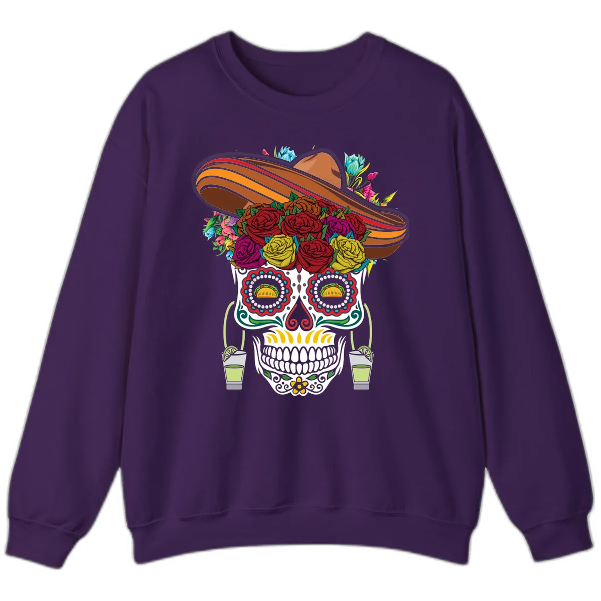 Fiesta Calavera Skull With Sombrero & Tacos Sweatshirt in Purple